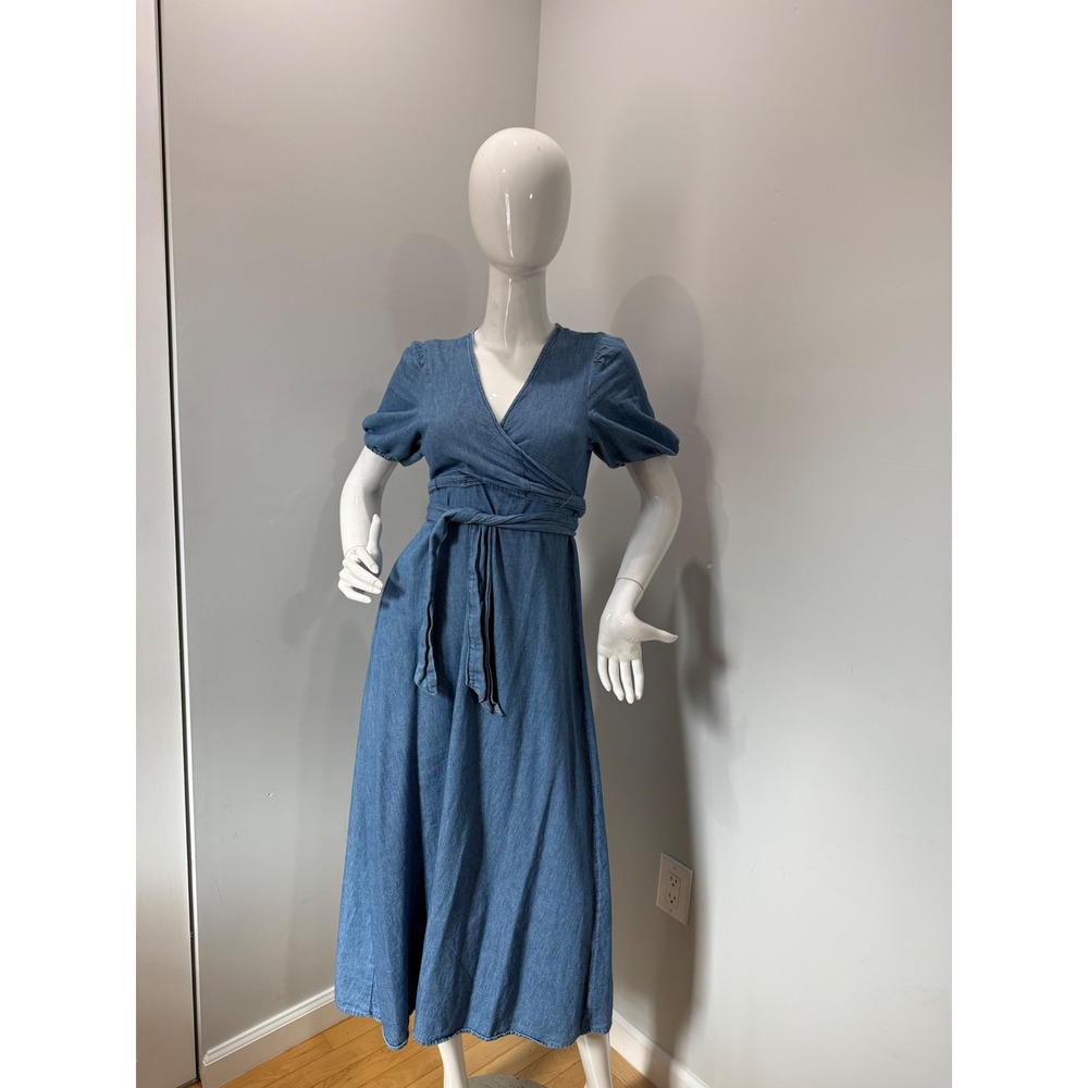 Old Navy Chambray Wrap Midi Dress Blue Puff Sleeve Tie Waist 100% Cotton size S - Picture 3 of 11